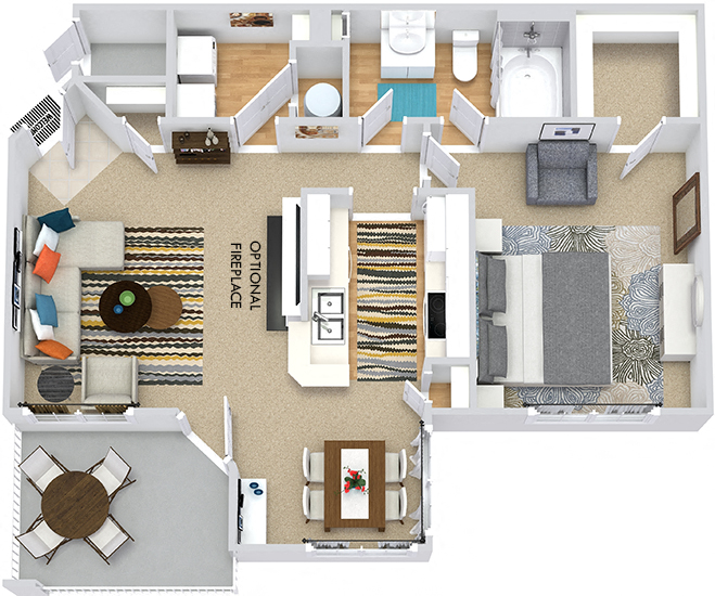 Floor plan for 1 bed, 1 bath, 733 sqft